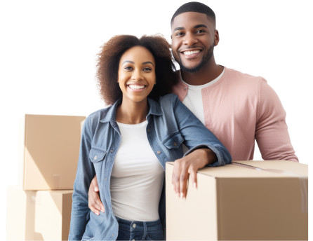 Two people smiling surrounding by storage containers