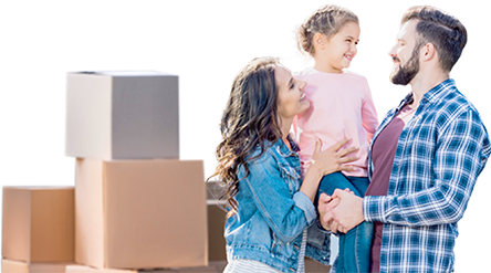 A woman, man, and child next to moving boxes