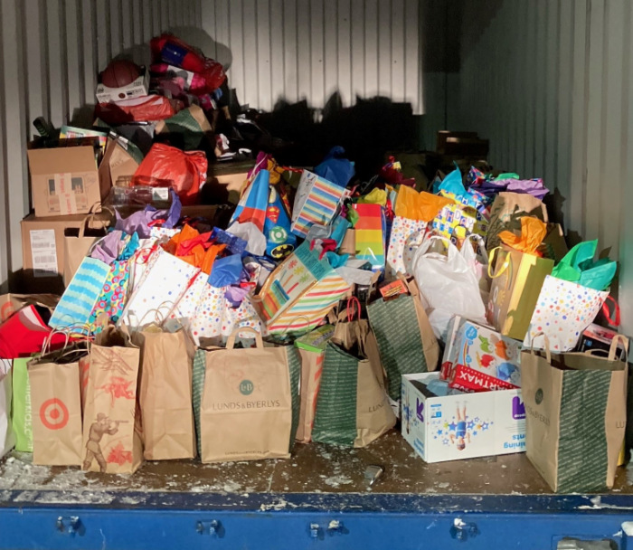 A storage container with gifts in it