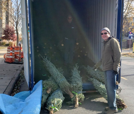 A storage container with Christmas trees