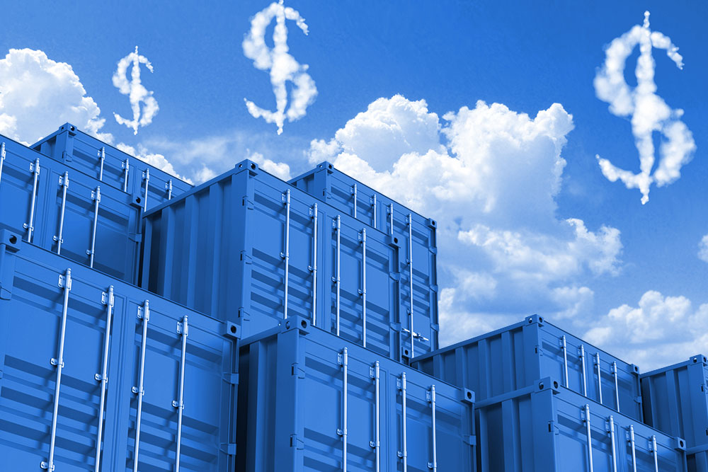 Blue storage containers stacked with clouds shaped like dollar signs