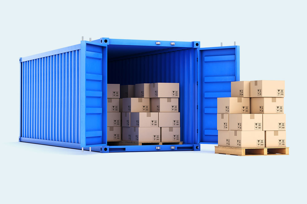 A blue storage container with moving boxes