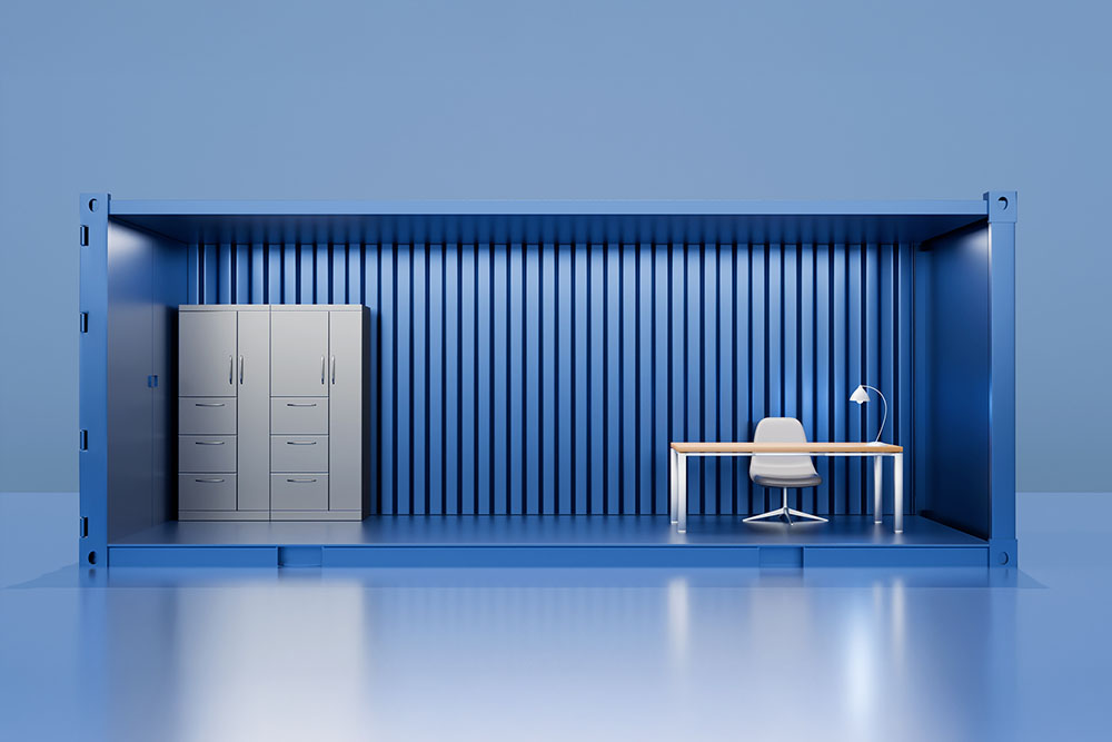 A Big Blue Box that is used as a portable office